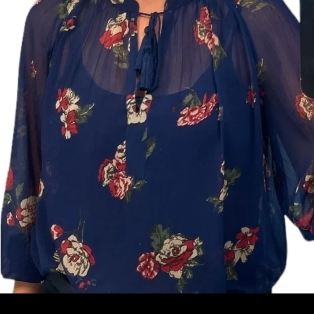 Lucky Brand Blue Chiffon Red Rose Floral Peasant V Neck Boho Blouse Size XS - Picture 11 of 11